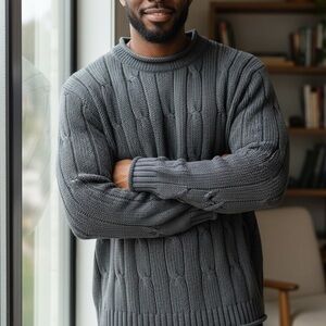 Land’s End Dusty Blue Mock Neck Cotton Cable Knit Sweater Size Large